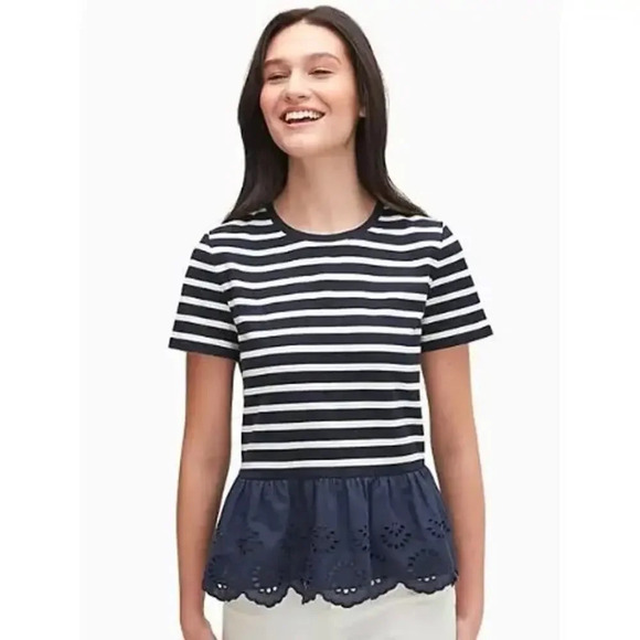 Kate‎ Spade Women's Small Blue/White Striped Short Sleeve Peplum Eyelet Blouse - Picture 1 of 6